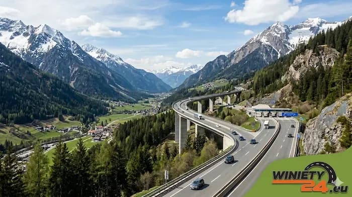 Winding highway elevated over a green valley, surrounded by snow-capped mountains and trees.