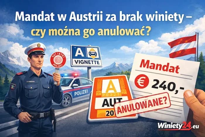 Austrian police officer with a stop sign next to vignette signs and a €240 ticket.