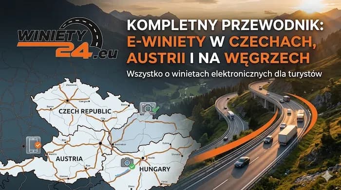 Guide to e-vignettes in Czech Republic, Austria, and Hungary, with map and winding highway.