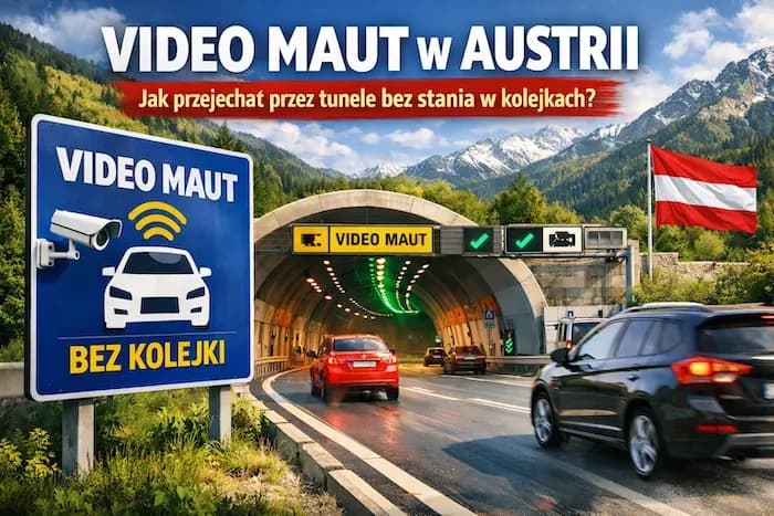 Austrian video toll system sign with cars entering a tunnel, promising no queues.