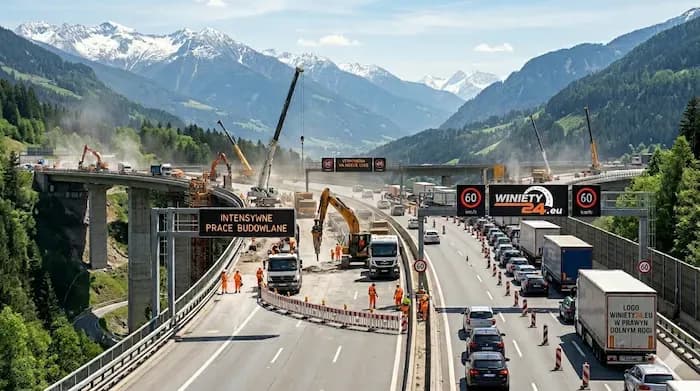 Highway construction site with heavy machinery, vehicles, and traffic, set against snow-capped mountains.