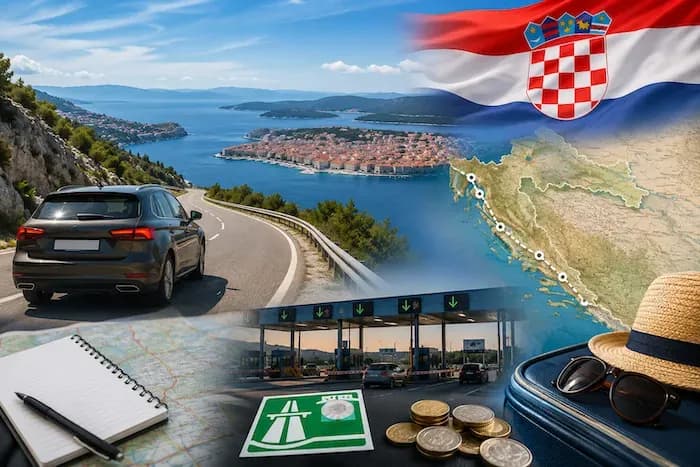 Croatian travel collage: car on a scenic coastal road, map, flag, and travel essentials.