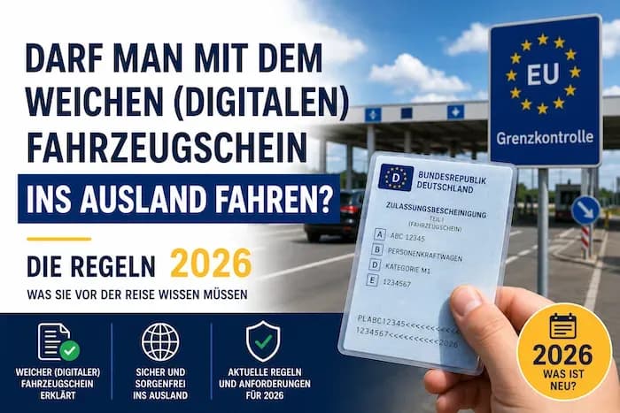 Hand holding German digital vehicle registration card at an EU border control with 2026 rules text.