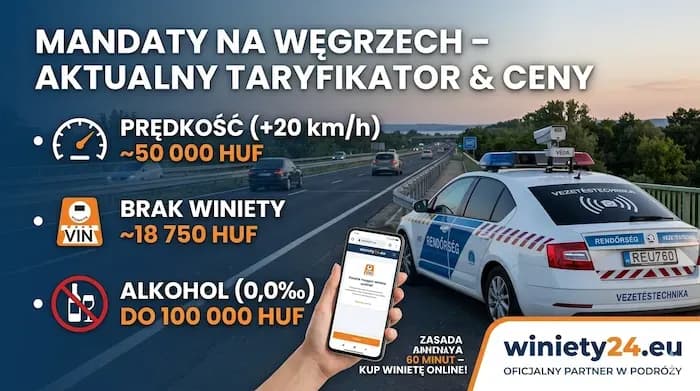 Hungarian traffic fines for speeding, lack of vignette, and alcohol, shown with a police car.