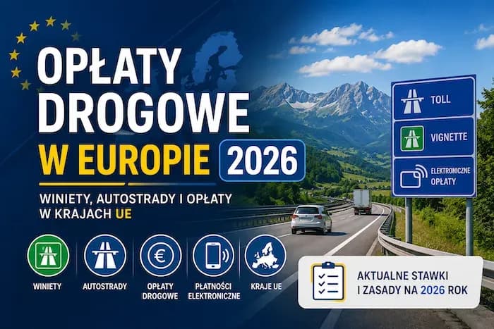 Infographic on European road tolls for 2026, featuring a highway, toll signs, and payment icons.