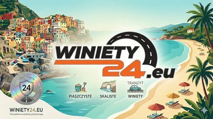 Logo 'WINIETY 24.eu' overlays a scenic split image of a colorful coastal town and a sunny beach.