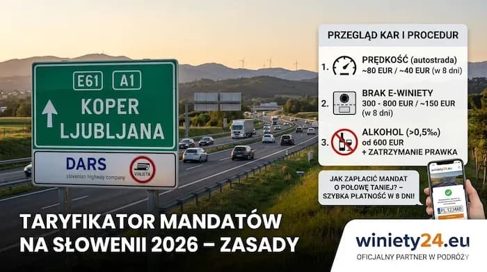 Slovenian highway sign to Koper/Ljubljana with a graphic detailing traffic fines for 2026.