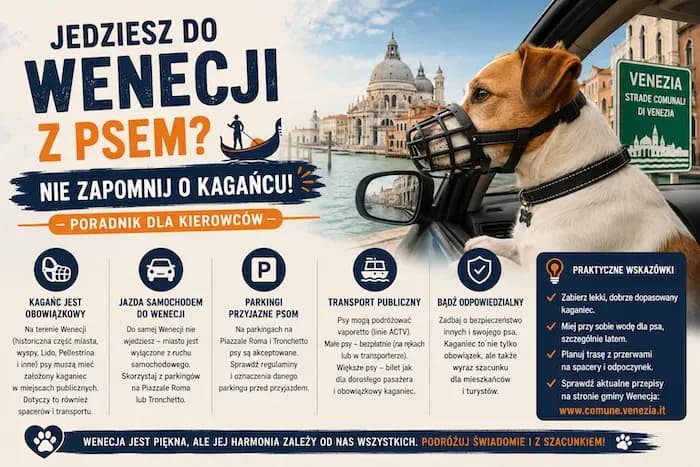 Muzzled dog looks from car, Venice behind, reminding travelers about muzzles for dogs.