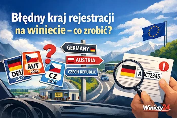 Dashboard view of road signs, EU flag, and documents addressing incorrect vehicle registration.